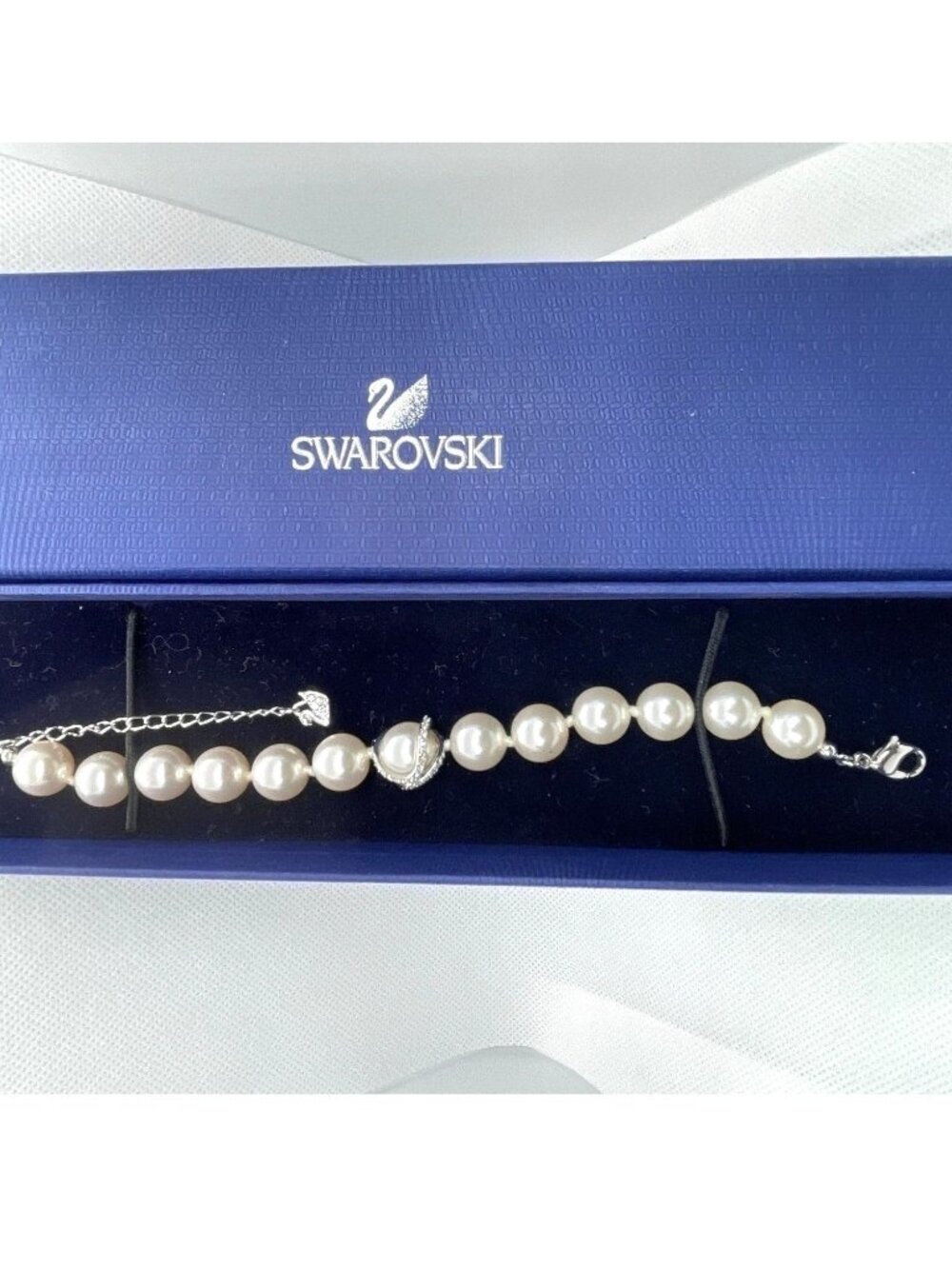 Pearl Bead Bracelet Swarovski Crystal Pavé Ring Rhodium Retired Nude Collection - Picture 9 of 16